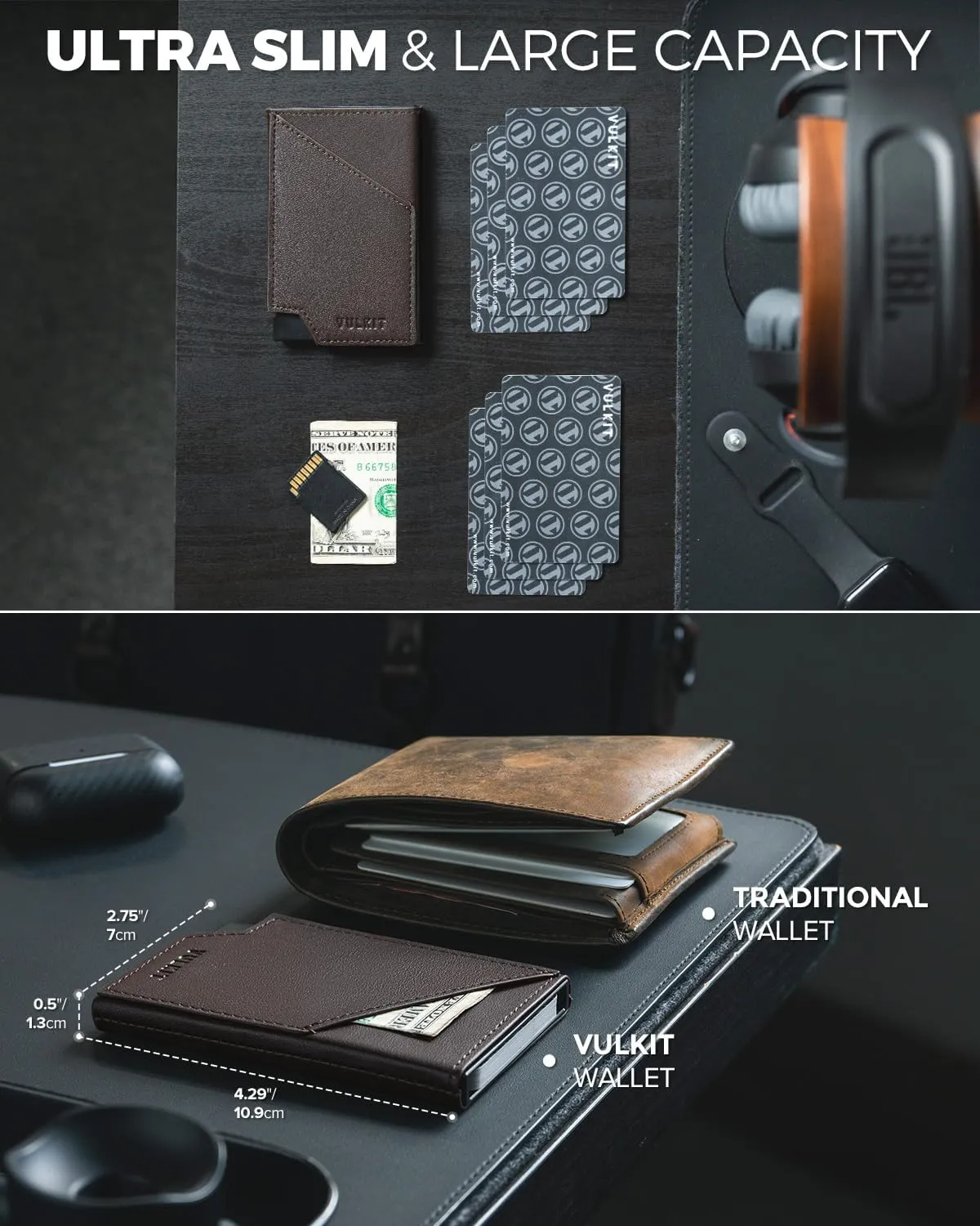 VULKIT Pop up Card Wallet RFID Blocking Slim Aluminum Metal Bank Card Holder Case with Business Money Pocket for Credit Cards Notes and Coins Dark Brown