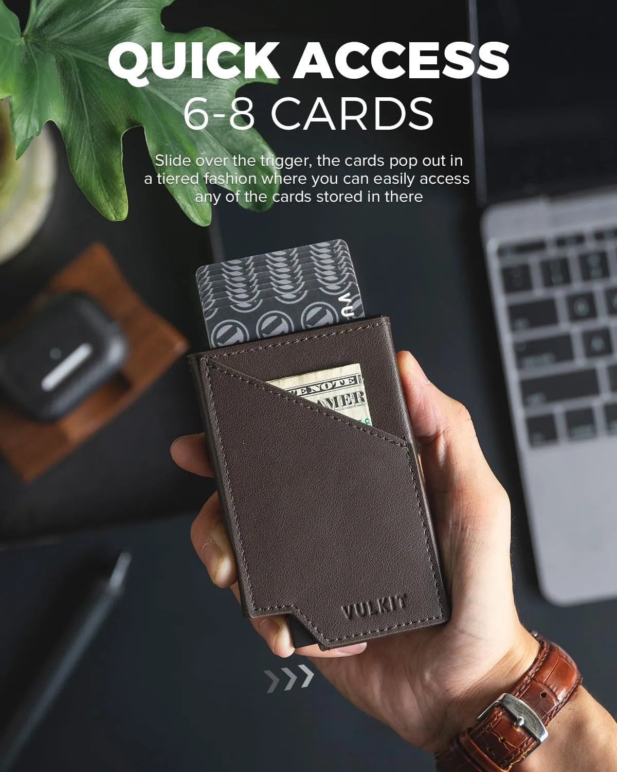 VULKIT Pop up Card Wallet RFID Blocking Slim Aluminum Metal Bank Card Holder Case with Business Money Pocket for Credit Cards Notes and Coins Dark Brown