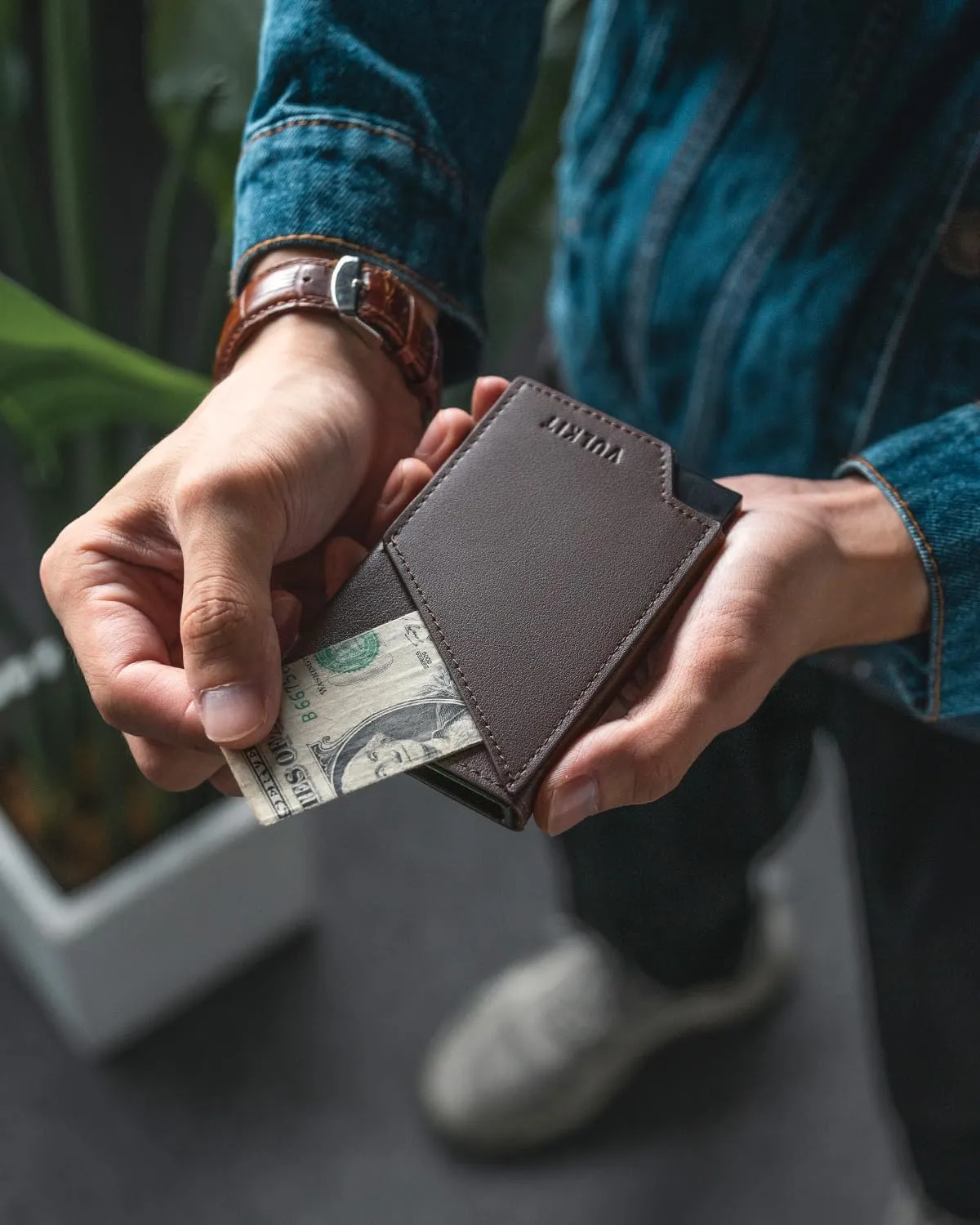 VULKIT Pop up Card Wallet RFID Blocking Slim Aluminum Metal Bank Card Holder Case with Business Money Pocket for Credit Cards Notes and Coins Dark Brown