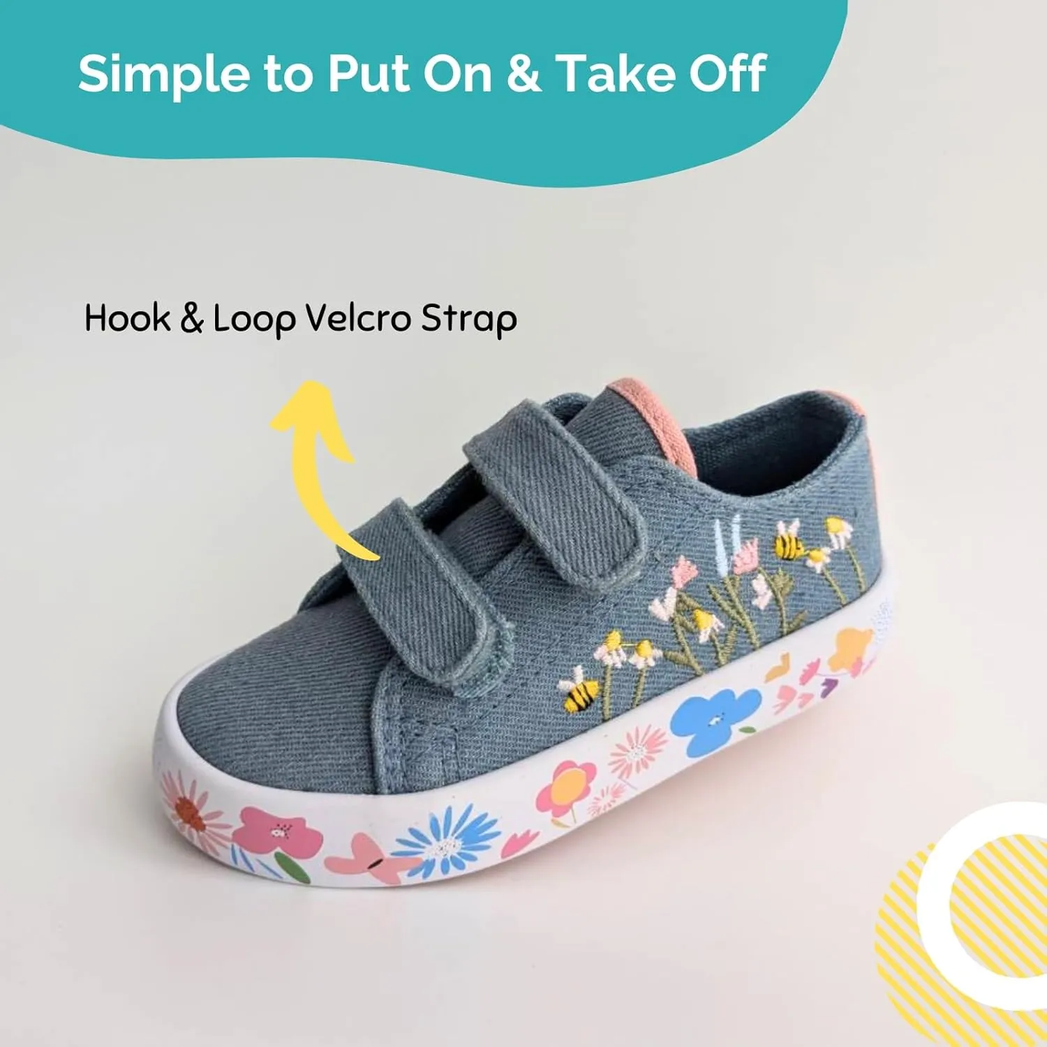 waddle wonder Toddler Boys and Girls Flowers and Bees Embroidery Low Top Hook School Walking Shoes Sneaker
