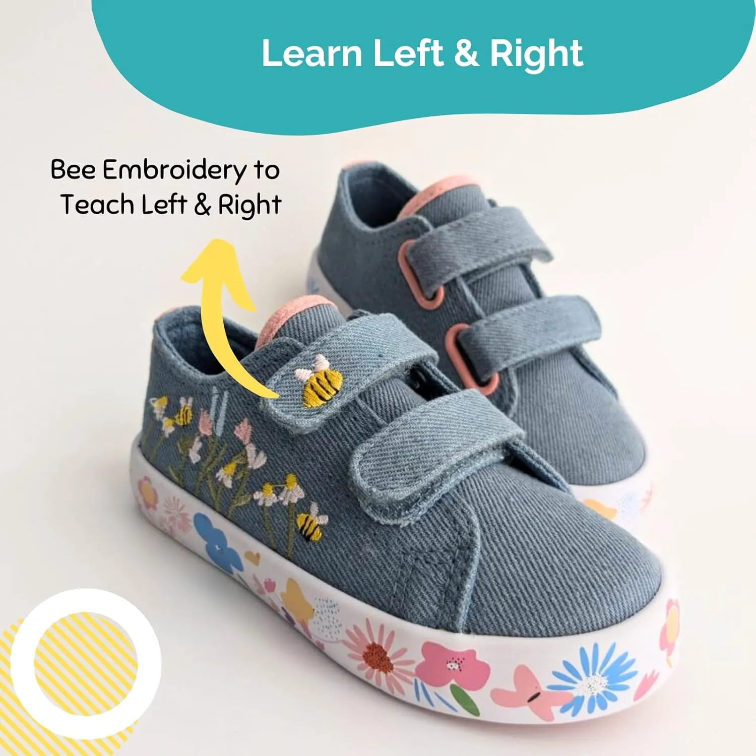 waddle wonder Toddler Boys and Girls Flowers and Bees Embroidery Low Top Hook School Walking Shoes Sneaker