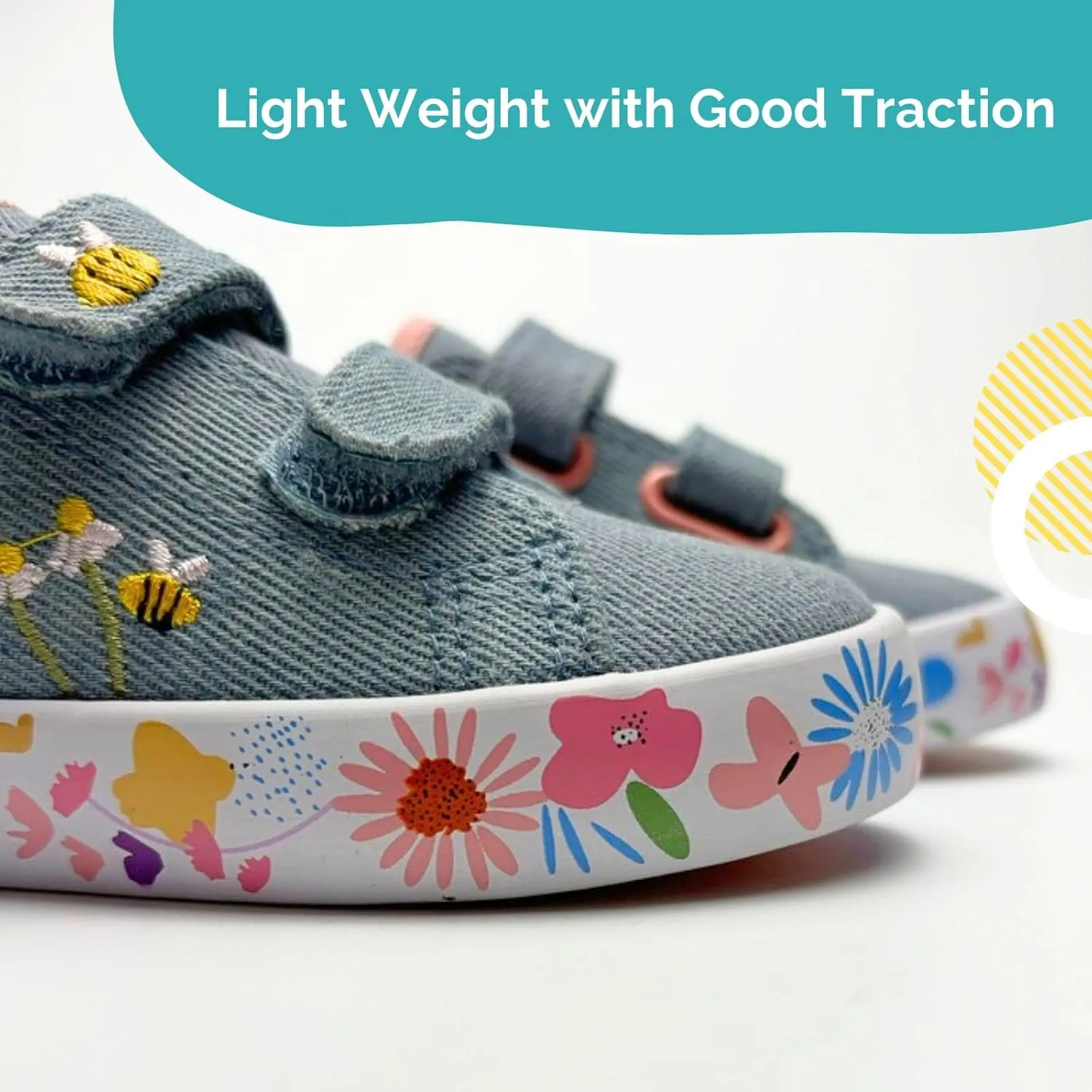 waddle wonder Toddler Boys and Girls Flowers and Bees Embroidery Low Top Hook School Walking Shoes Sneaker