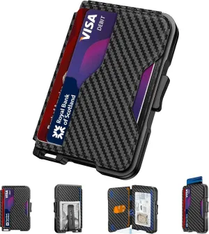 Wallet for Men, Slim Wallet for Men with Money Clip, Pop Up Card Case, RFID Blocking Bifold Wallets, Minimalist Leather Slots Credit Card Holder (Carbon Fiber Black)