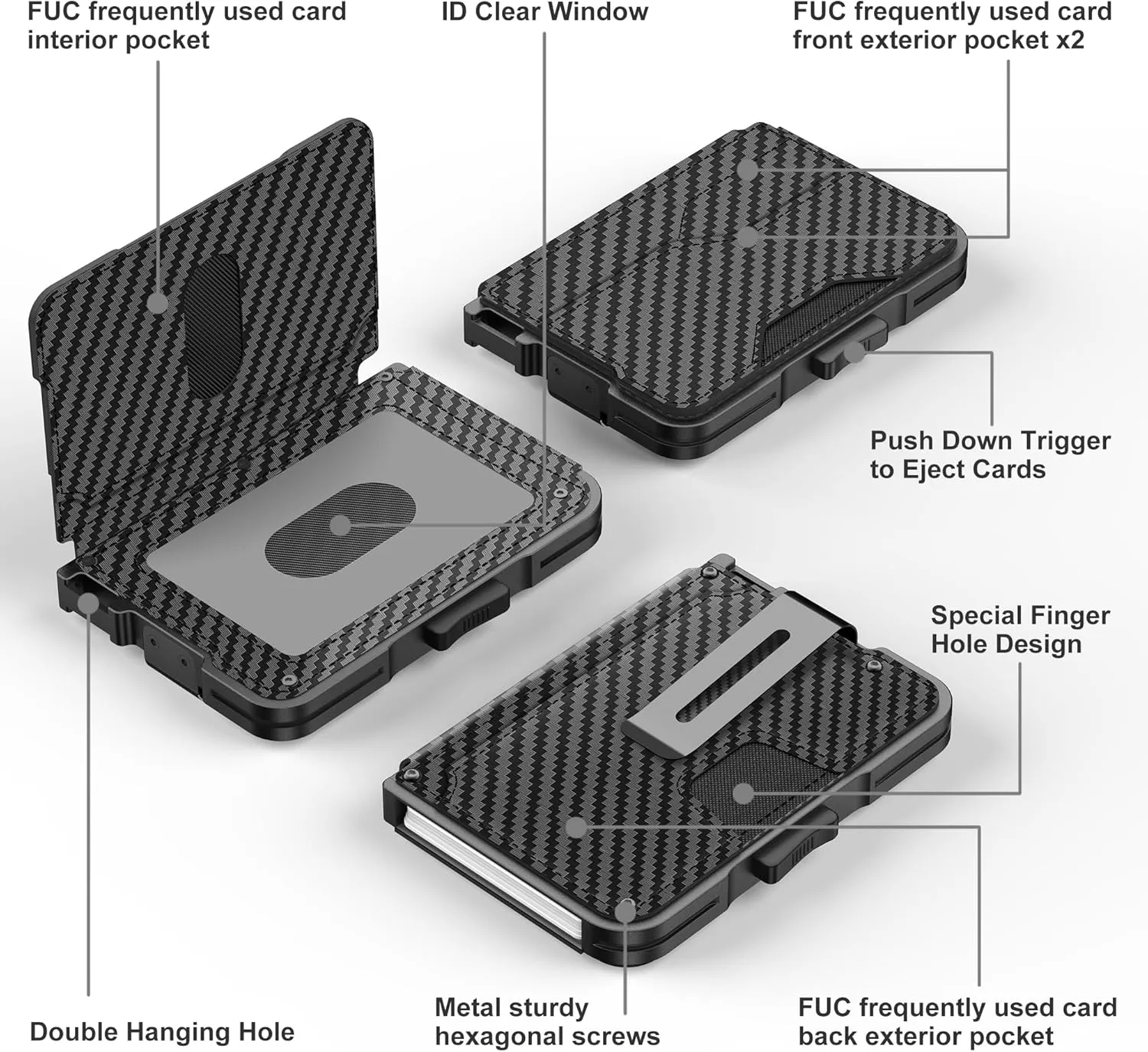 Wallet for Men, Slim Wallet for Men with Money Clip, Pop Up Card Case, RFID Blocking Bifold Wallets, Minimalist Leather Slots Credit Card Holder (Carbon Fiber Black)