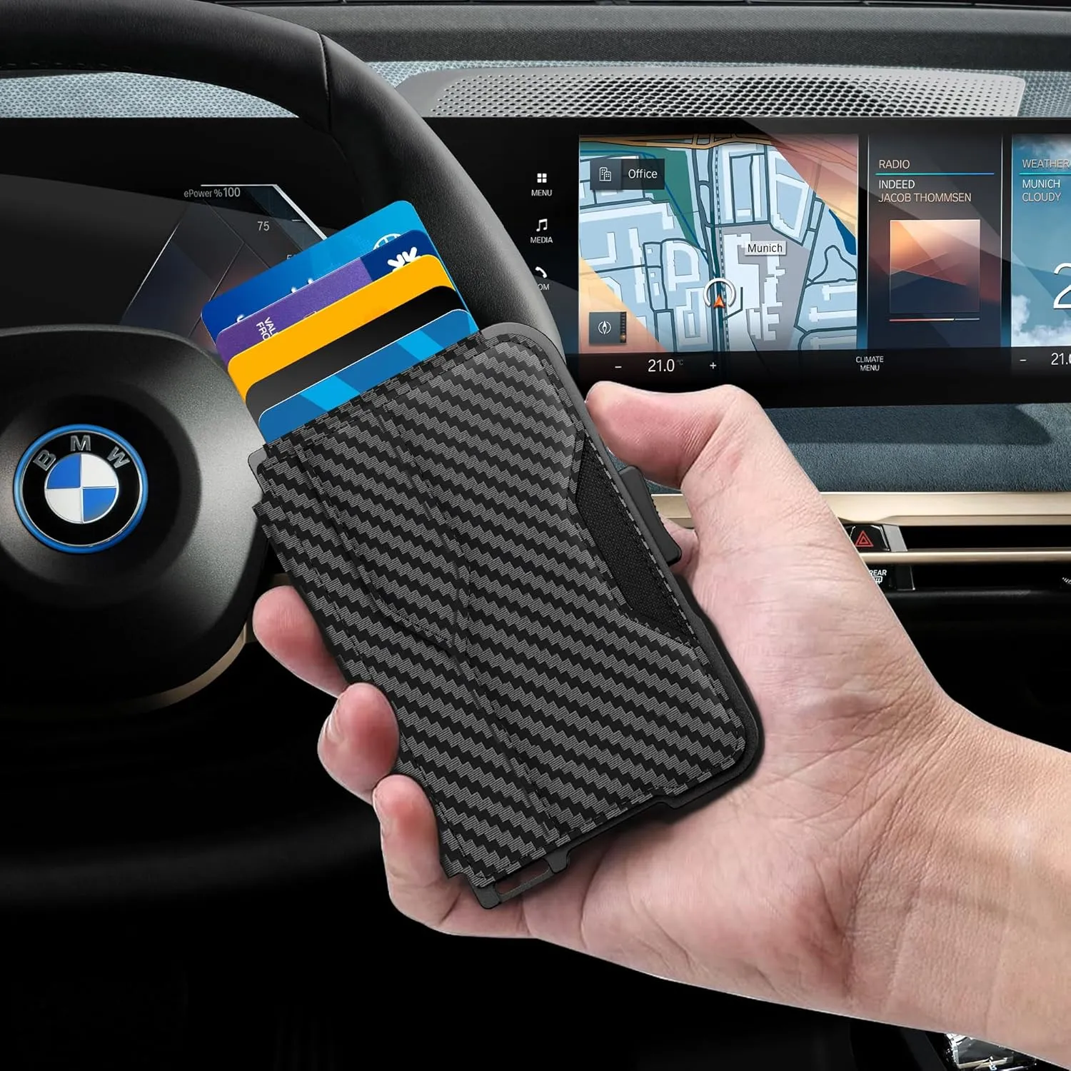 Wallet for Men, Slim Wallet for Men with Money Clip, Pop Up Card Case, RFID Blocking Bifold Wallets, Minimalist Leather Slots Credit Card Holder (Carbon Fiber Black)