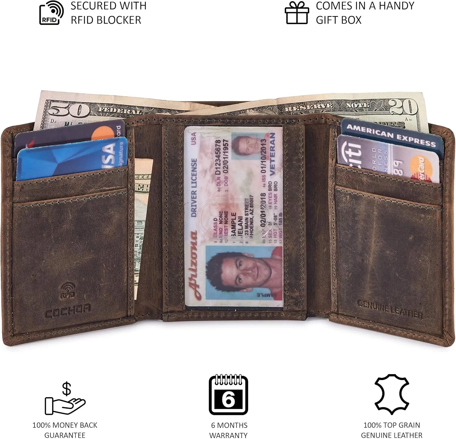 Wallet for Men Trifold Real Leather RFID Blocking Credit Card Case with ID Window in Gift Box