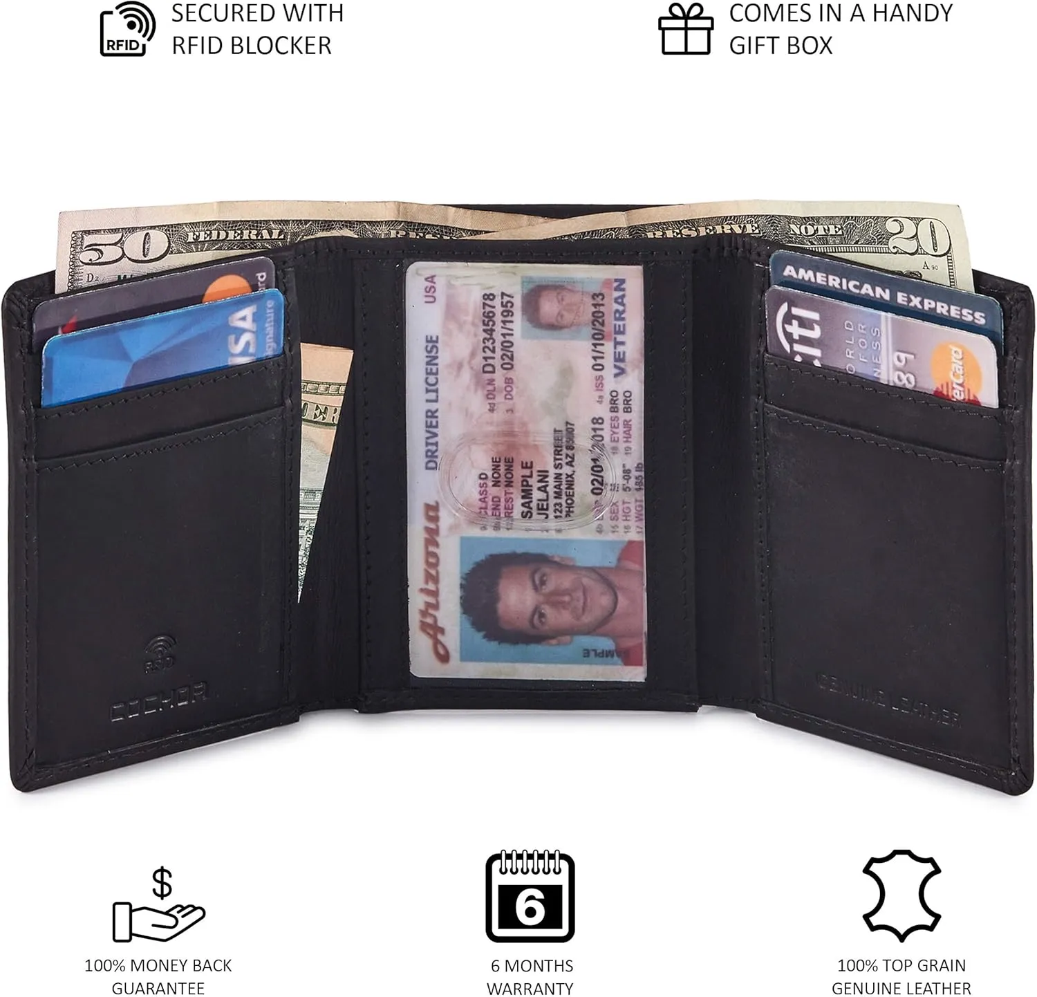 Wallet for Men Trifold Real Leather RFID Blocking Credit Card Case with ID Window in Gift Box