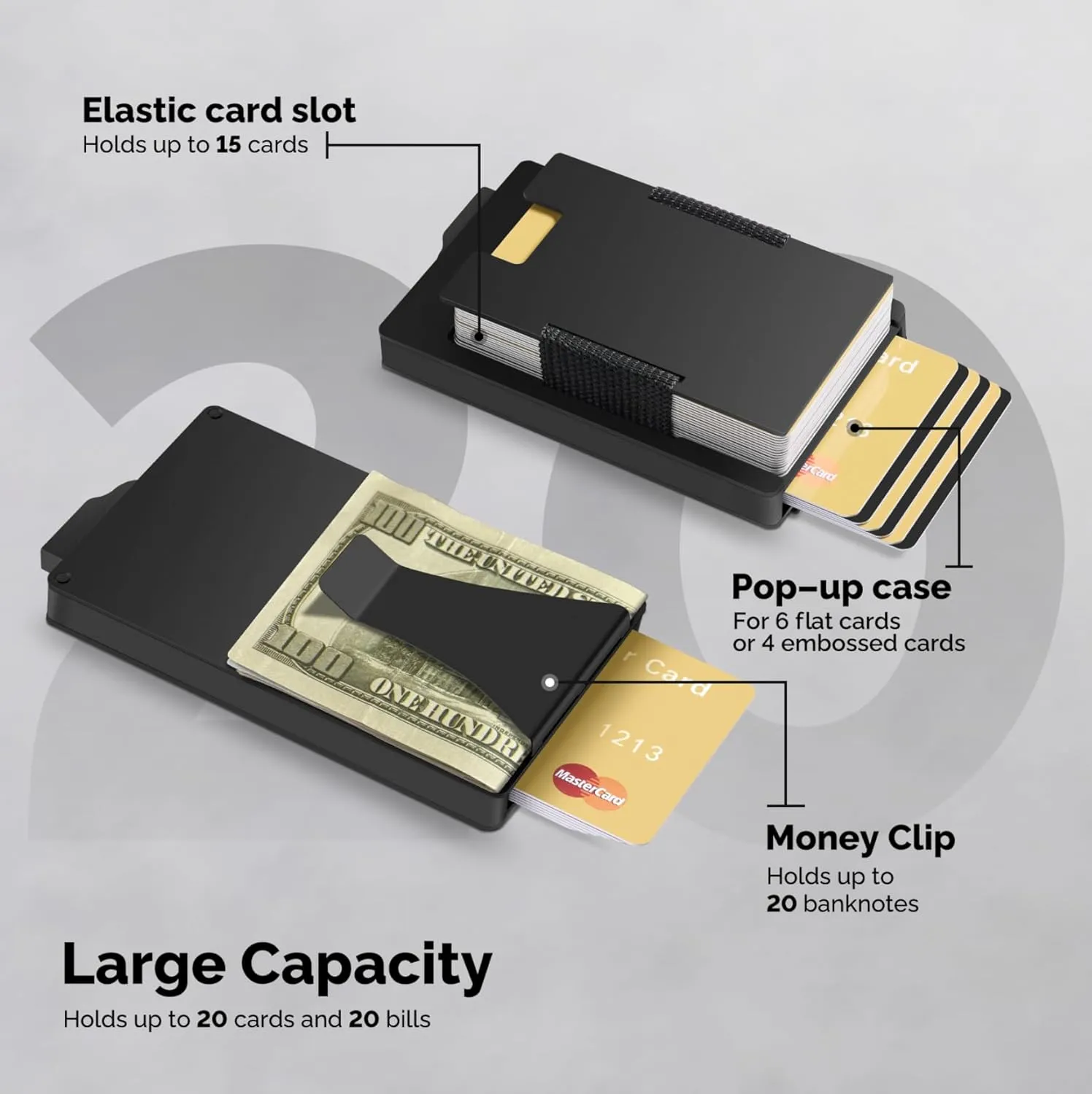 Wallet for Men with Money Clip - Flexible Storage for up to 20 Cards & Bills, RFID Blocking Card Holder with Smart Card Slot, Minimalist Mens Wallet, Metal Pop Up Wallets, Gifts for Men Black