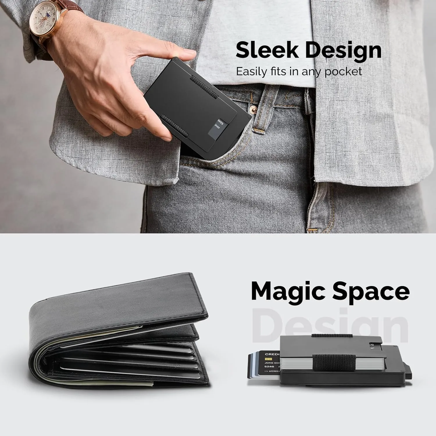 Wallet for Men with Smart Card Slot - Holds 10-20 Cards, RFID Blocking Card Holder with Elastic Pocket for Cash and Coins, Minimalist Mens Wallet, Metal Pop Up Wallets, Gifts for Men Black