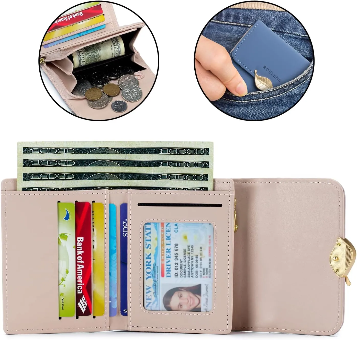 Wallet for Women RFID Blocking PU Leather Leaf Pendant Card Holder Phone Checkbook Organizer Zipper Coin Purse