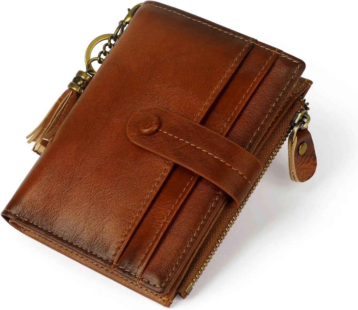 Wallet Women,Leather RFID Blocking Small Wallet for Women Card Holder Bifold Keychain Tassel Wallet With ID Window Brown