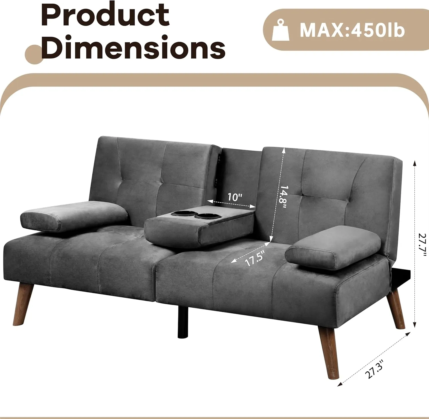 Walsunny Velvet Futon Sofa Bed, Convertible Couch Bed with Adjustable Backrest, Cup Holder, Dark Gray, 34.6"D x 59.4"W x 25.6"H, Modern, Living Room