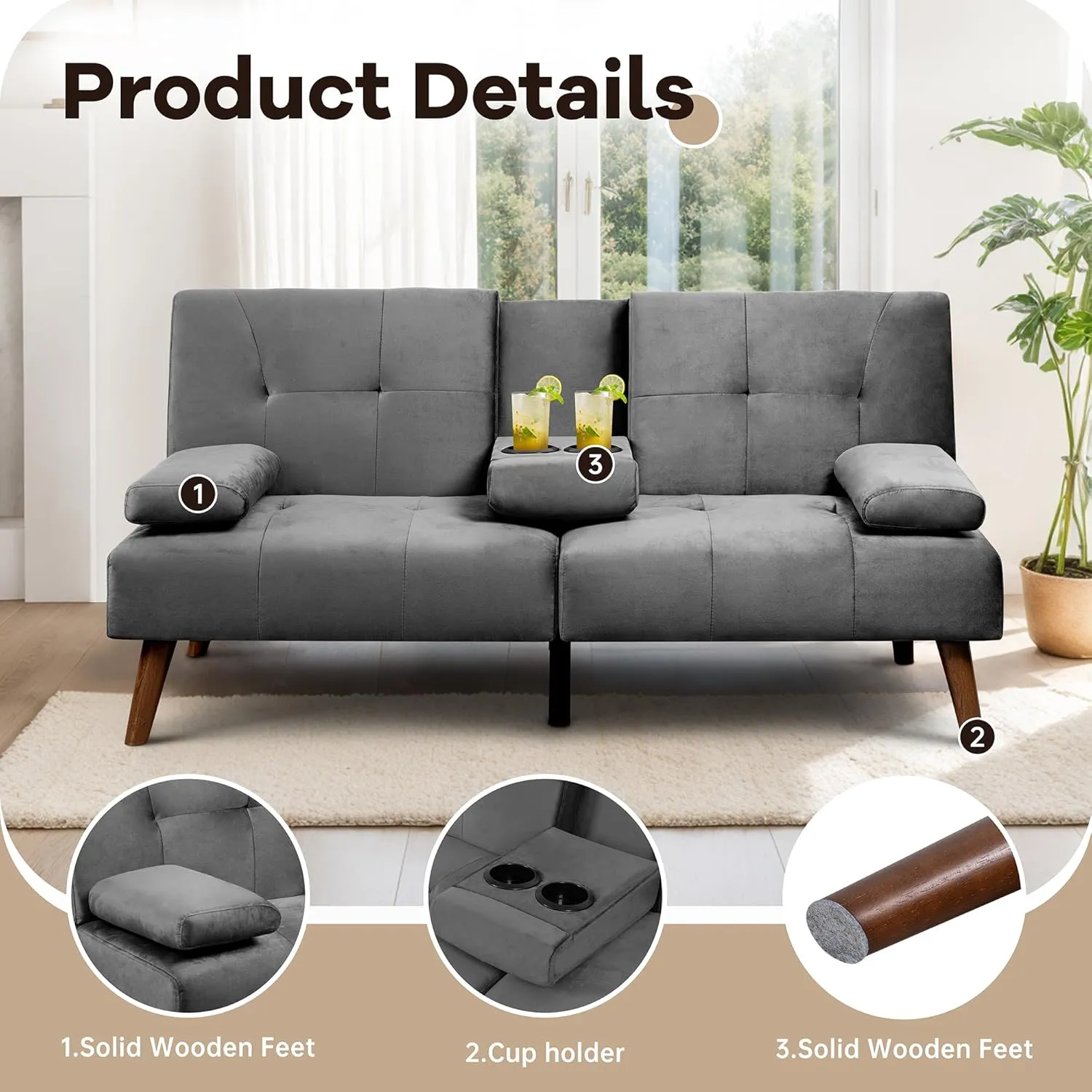 Walsunny Velvet Futon Sofa Bed, Convertible Couch Bed with Adjustable Backrest, Cup Holder, Dark Gray, 34.6"D x 59.4"W x 25.6"H, Modern, Living Room