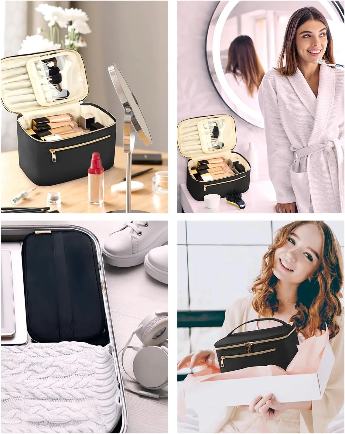 Wandering Nature Large Makeup Bag, Travel Make Up Organizer Cosmetic Brush Bags Case for Women in Fabric,Black,Patent Pending