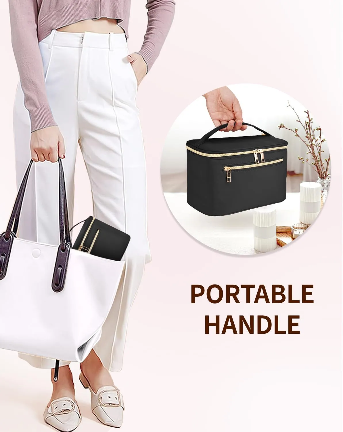 Wandering Nature Large Makeup Bag, Travel Make Up Organizer Cosmetic Brush Bags Case for Women in Fabric,Black,Patent Pending