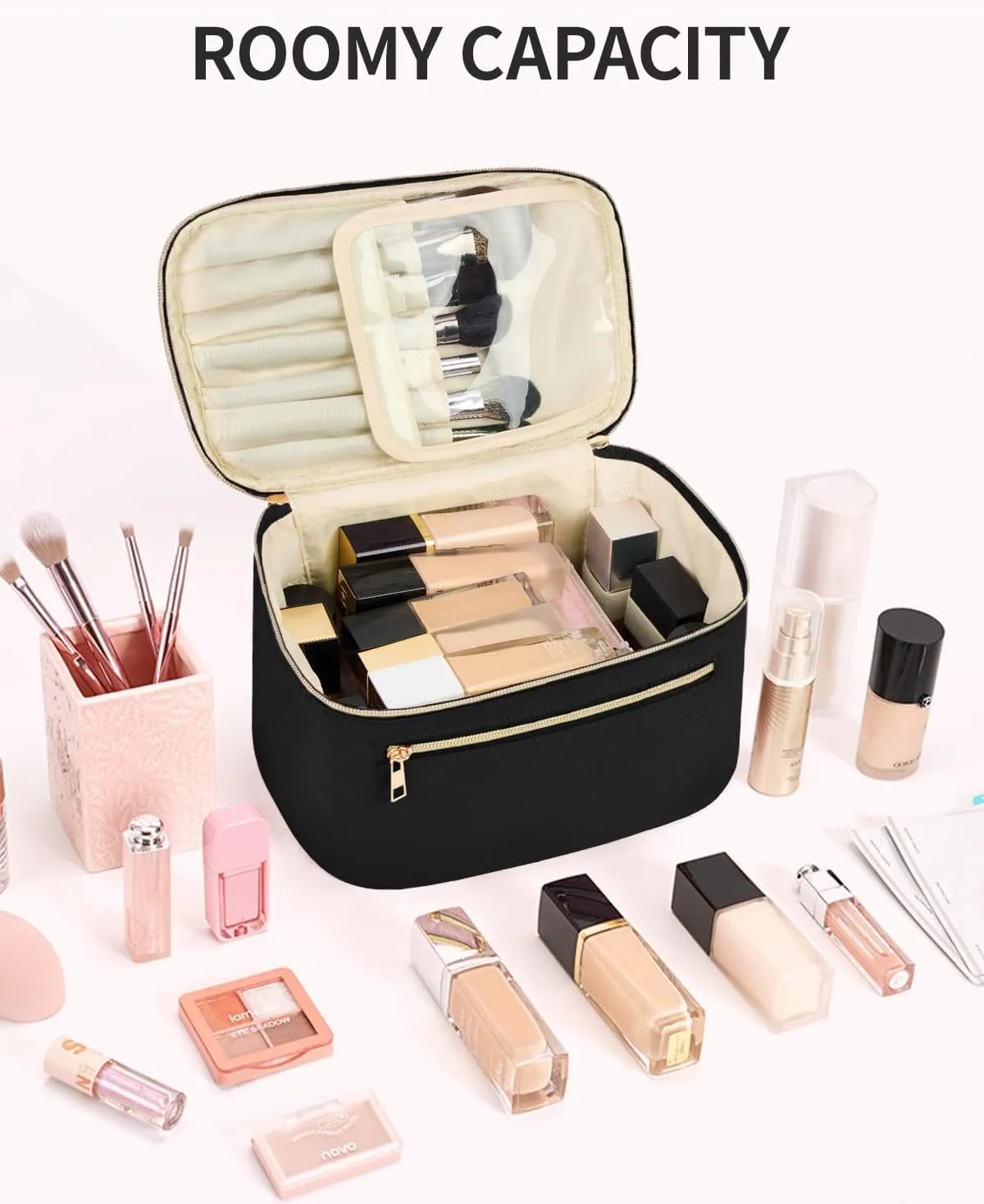 Wandering Nature Large Makeup Bag, Travel Make Up Organizer Cosmetic Brush Bags Case for Women in Fabric,Black,Patent Pending