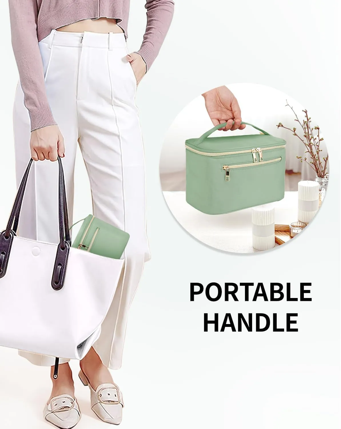 Wandering Nature Large Makeup Bag, Travel Make Up Organizer Cosmetic Brush Bags Case for Women in in Fabric,Sage Green,Patent Pending