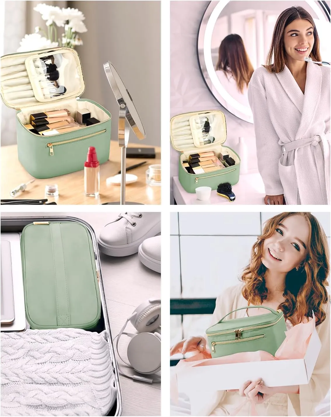 Wandering Nature Large Makeup Bag, Travel Make Up Organizer Cosmetic Brush Bags Case for Women in in Fabric,Sage Green,Patent Pending