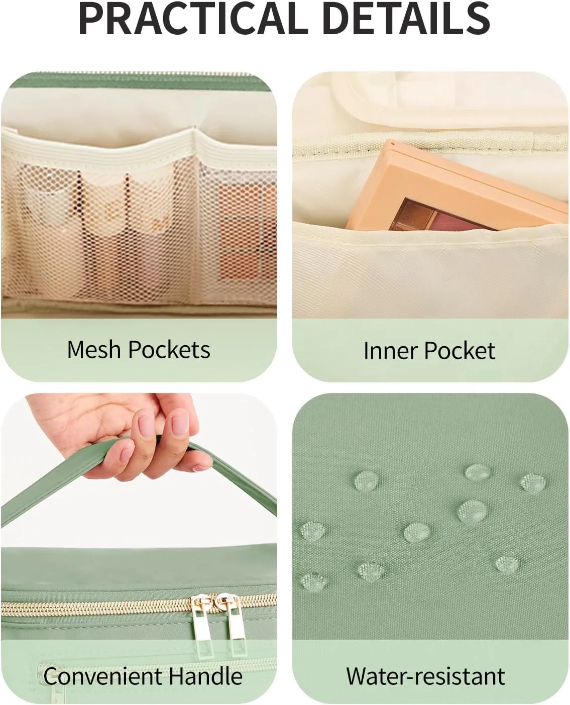 Wandering Nature Large Makeup Bag, Travel Make Up Organizer Cosmetic Brush Bags Case for Women in in Fabric,Sage Green,Patent Pending