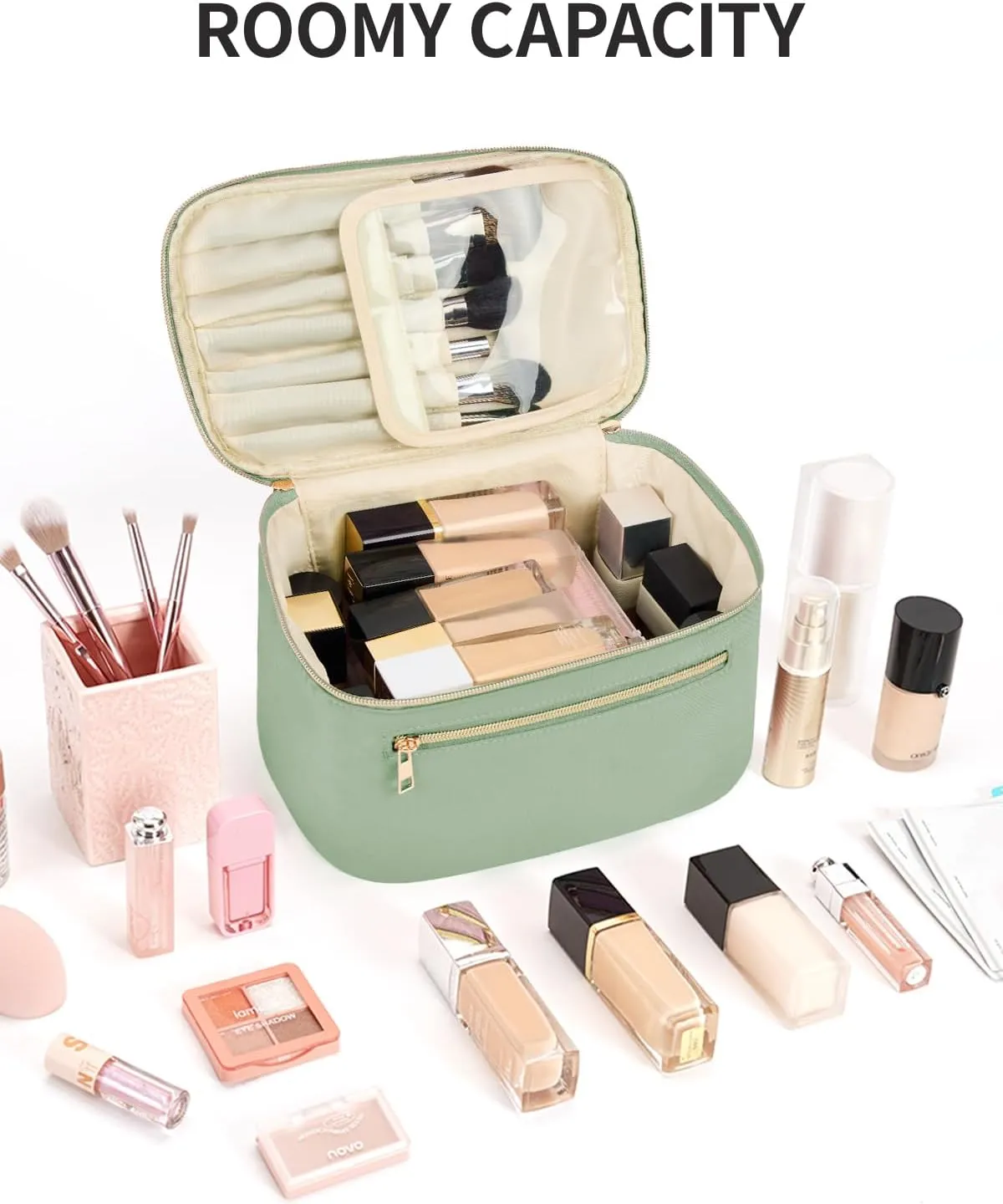 Wandering Nature Large Makeup Bag, Travel Make Up Organizer Cosmetic Brush Bags Case for Women in in Fabric,Sage Green,Patent Pending