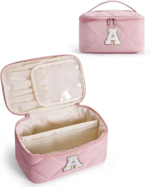 Wandering Nature Puffer Initial Makeup Bag, Personalized Travel Make Up Organizer Cosmetic Bags with Brush Holder and Divider, Gift with Chenille Letter for Moms, Wives, Girlfriend, Besties