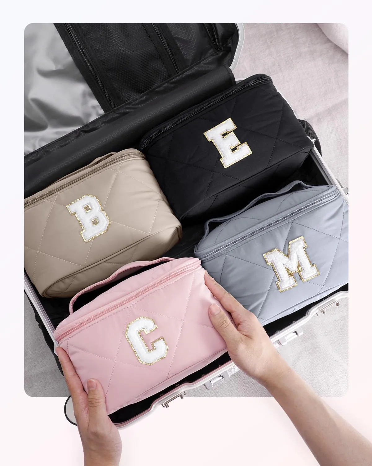 Wandering Nature Puffer Initial Makeup Bag, Personalized Travel Make Up Organizer Cosmetic Bags with Brush Holder and Divider, Gift with Chenille Letter for Moms, Wives, Girlfriend, Besties