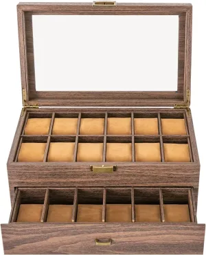 Watch Box, 2 Layers 24 Compartments, Watch Display Case with Transparent Window Veneer,Watch Box Organizer, Wooden Watch Organizer, Brown