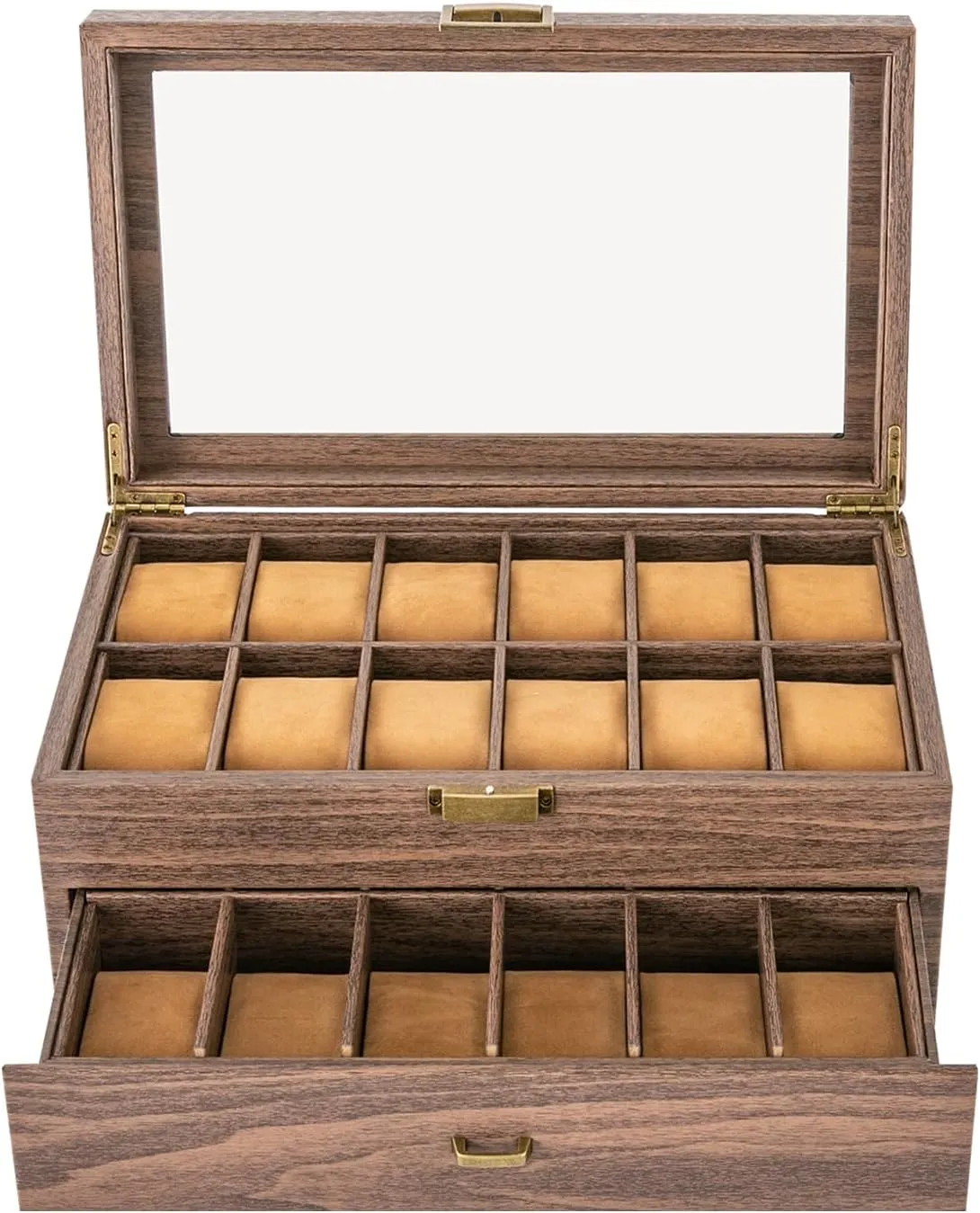 Watch Box, 2 Layers 24 Compartments, Watch Display Case with Transparent Window Veneer,Watch Box Organizer, Wooden Watch Organizer, Brown