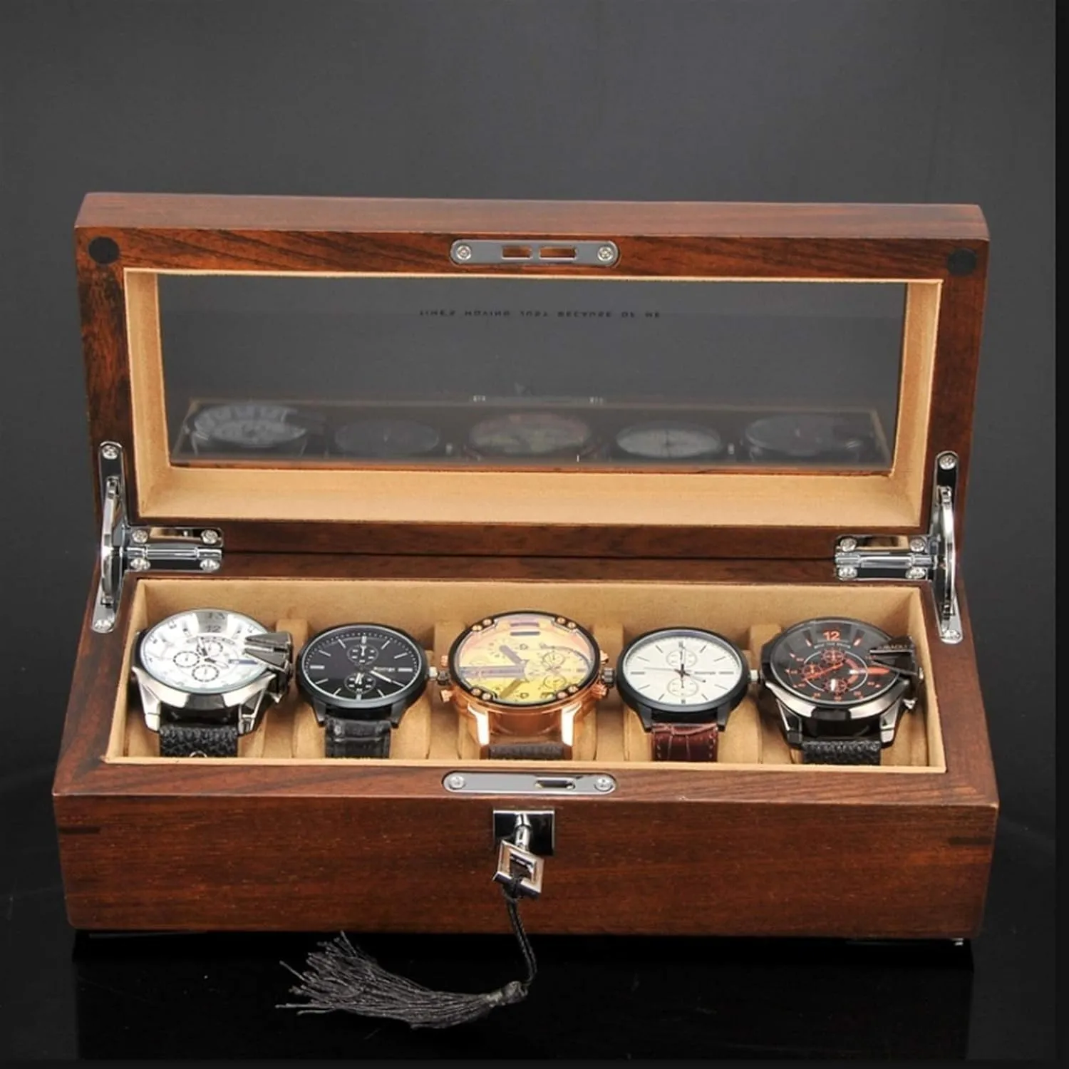 Watch Box Case Organizer Display for Men Women, Mens Watch Boxes Watch Case Display Organizer Premium 5 Slot Wood Box with Glass Top, Mens Gifts(Brown B)