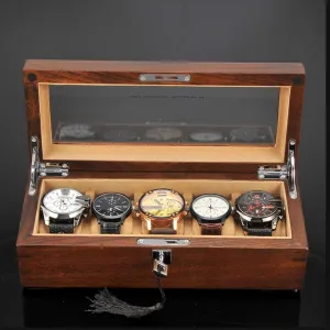 Watch Box Case Organizer Display for Men Women, Mens Watch Boxes Watch Case Display Organizer Premium 5 Slot Wood Box with Glass Top, Mens Gifts(Brown B)