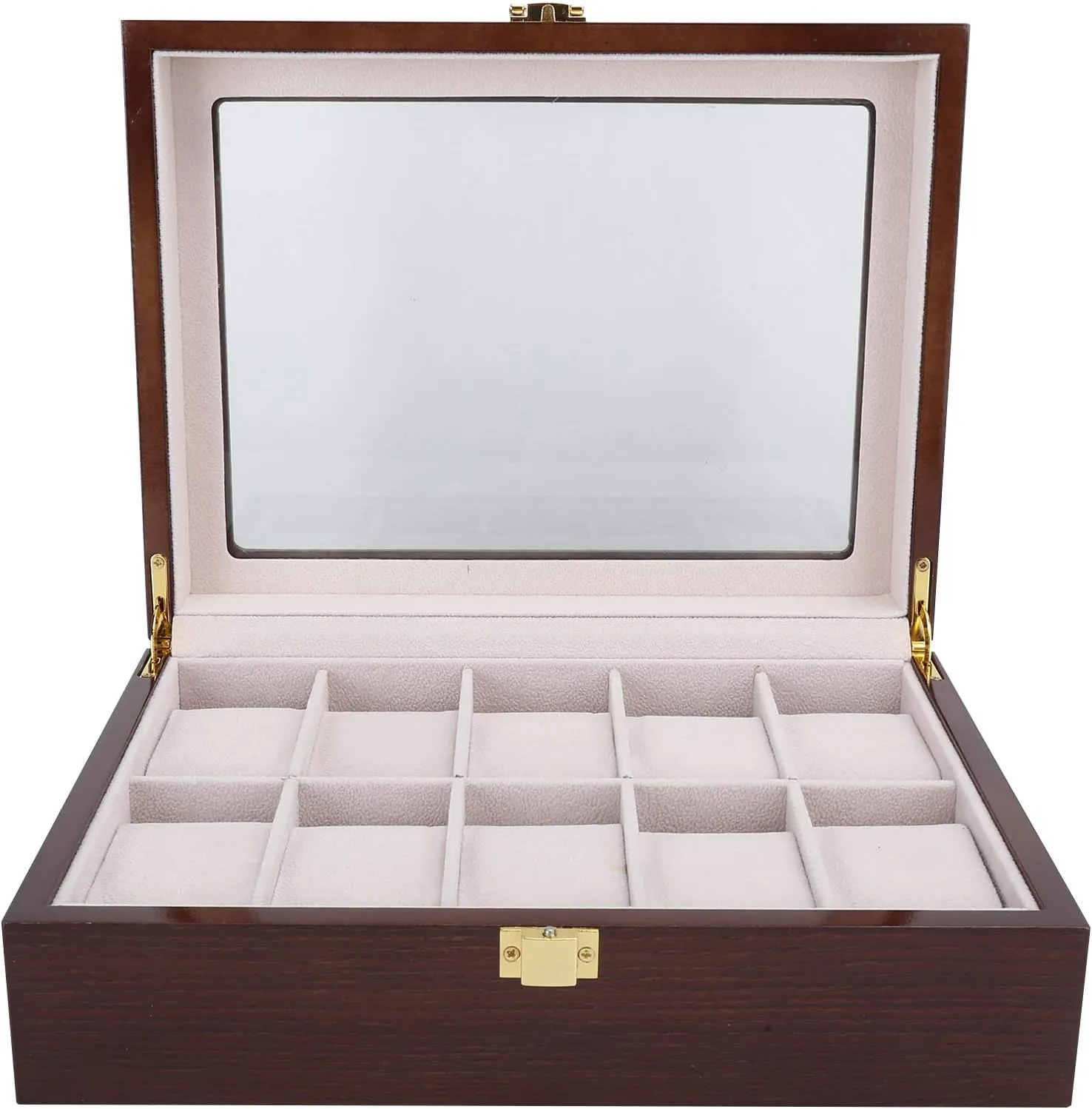 Watch Box Display, Delicate Wood 10 Grids Luxury, Jewelry Display Storage with Glass Cover and Removable Pillows, for Use, Store Display and Home Decoration