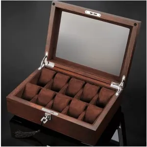 Watch Case Watch Roll Solid Wood Watch Box 10 Slot Wooden Jewelry Box with Key and Glass Top Jewelry Storage Organizer Display Box Watch Box Watch Winder(Coffee)