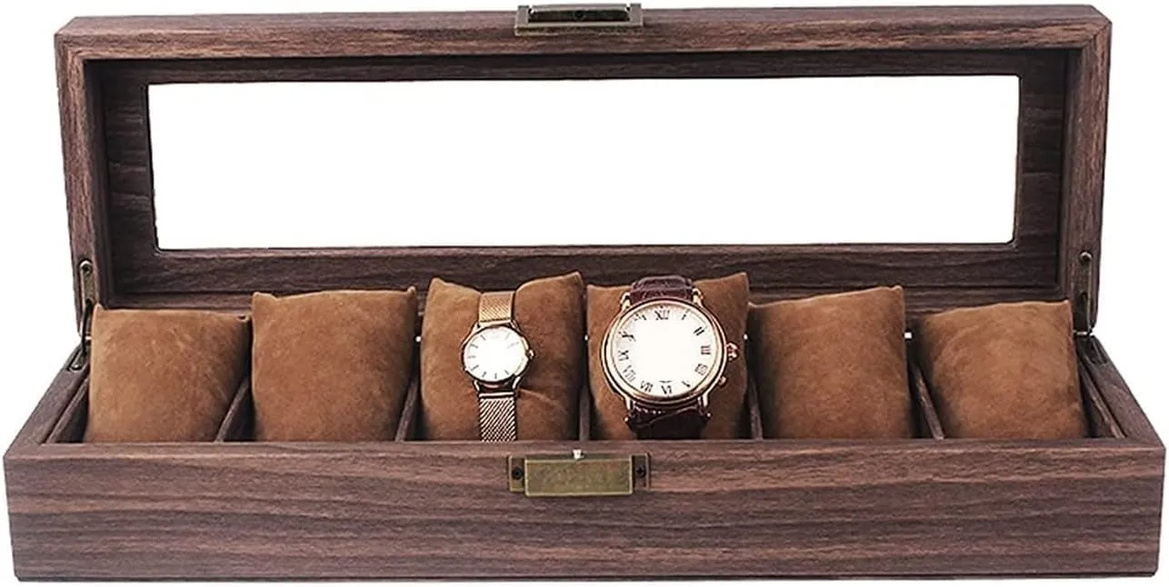 Watch Case Watch Roll Watch Organizer Display Vintage Wood Grain PU Leather Watch Box 6 Slots Display Case Organizer with Glass Lid Watch Box Watch Winder