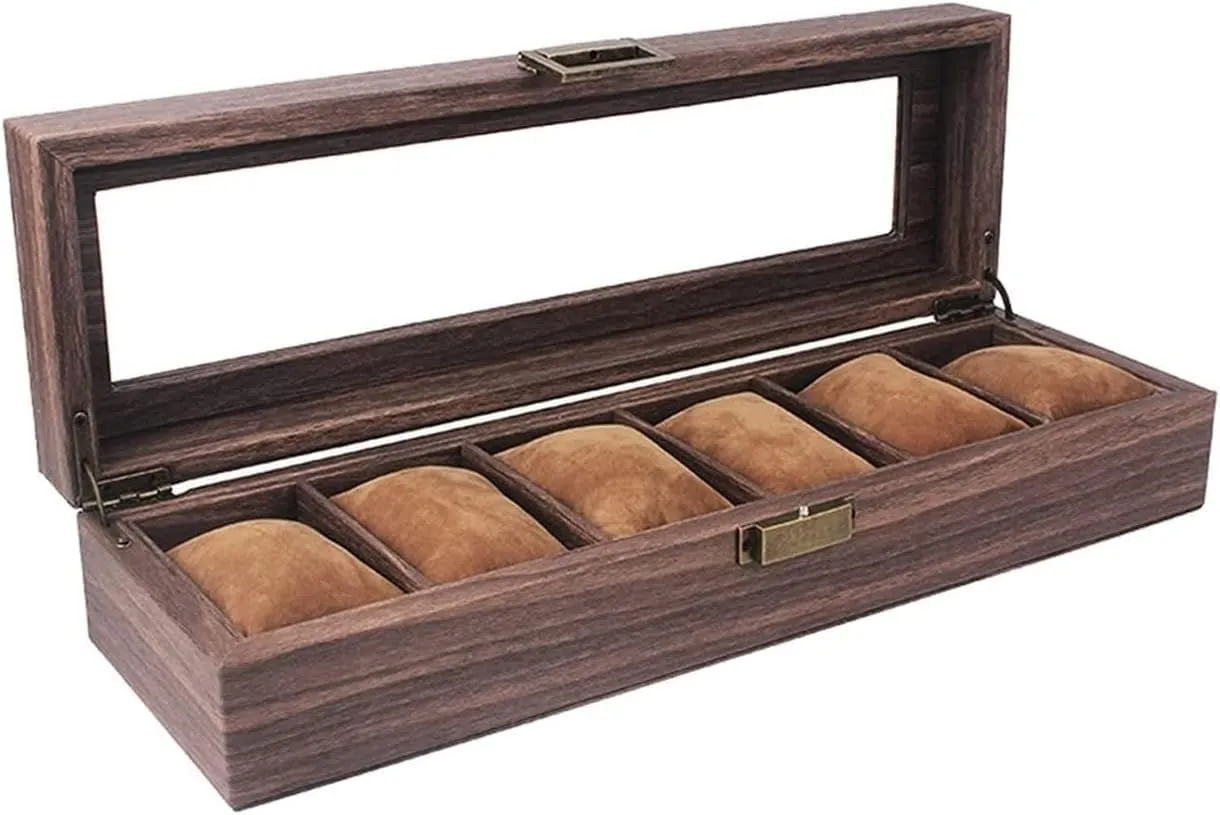 Watch Case Watch Roll Watch Organizer Display Vintage Wood Grain PU Leather Watch Box 6 Slots Display Case Organizer with Glass Lid Watch Box Watch Winder