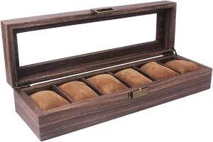 Watch Case Watch Roll Watch Organizer Display Vintage Wood Grain PU Leather Watch Box 6 Slots Display Case Organizer with Glass Lid Watch Box Watch Winder