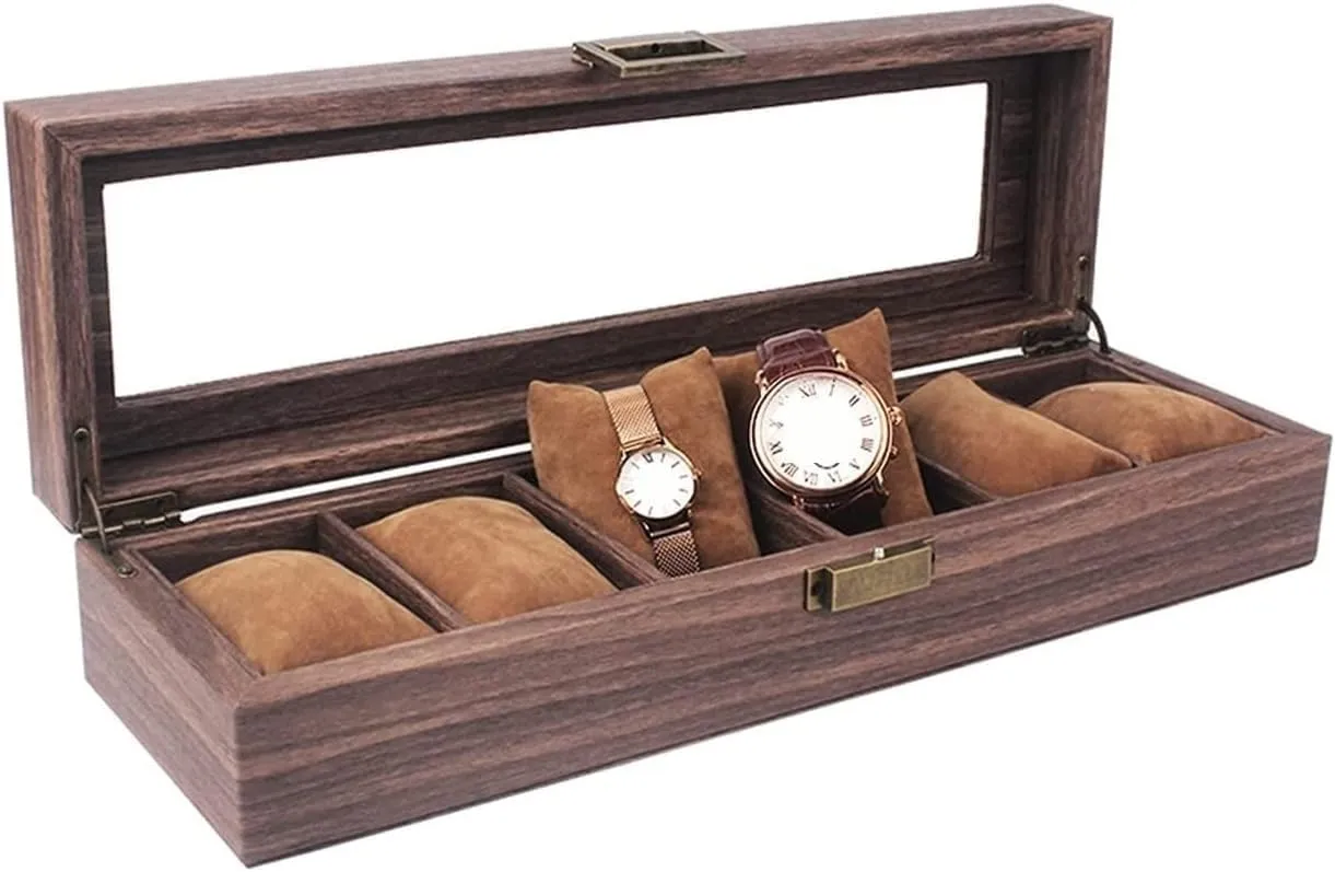 Watch Case Watch Roll Watch Organizer Display Vintage Wood Grain PU Leather Watch Box 6 Slots Display Case Organizer with Glass Lid Watch Box Watch Winder