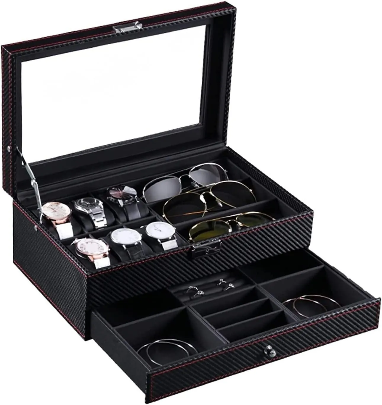Watch Case Watch Stand Watch Winder Watch Organizer Carbon Fiber PU Leather 2 Layers 6 Slot Watch 3 Grid Eyeglass Holder Display Storage Case Box Watch Roll Watch Holder