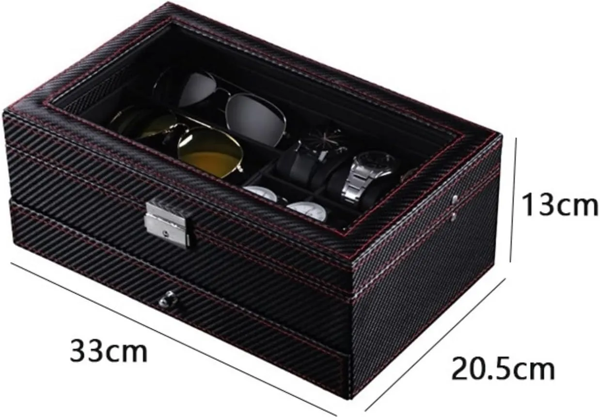 Watch Case Watch Stand Watch Winder Watch Organizer Carbon Fiber PU Leather 2 Layers 6 Slot Watch 3 Grid Eyeglass Holder Display Storage Case Box Watch Roll Watch Holder