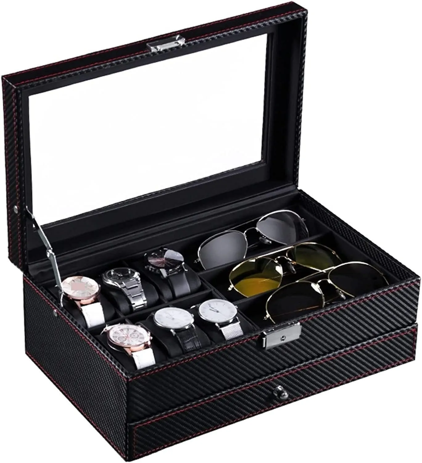 Watch Case Watch Stand Watch Winder Watch Organizer Carbon Fiber PU Leather 2 Layers 6 Slot Watch 3 Grid Eyeglass Holder Display Storage Case Box Watch Roll Watch Holder