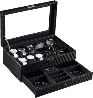 Watch Case Watch Stand Watch Winder Watch Organizer Carbon Fiber PU Leather 2 Layers 6 Slot Watch 3 Grid Eyeglass Holder Display Storage Case Box Watch Roll Watch Holder