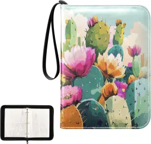 Watercolor Cactus Flowers Painting Colorful Card Binder 4 Pocket, Trading Card Holder Fits 400 Game Cards with 50 Removable Sleeves, MTG Card Case Standard Size