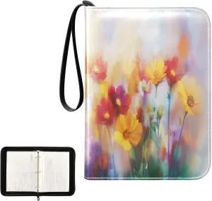 Watercolor Painting Wildflowers Petals Card Binder 4 Pocket, Trading Card Holder Fits 400 Game Cards with 50 Removable Sleeves, MTG Card Case Standard Size
