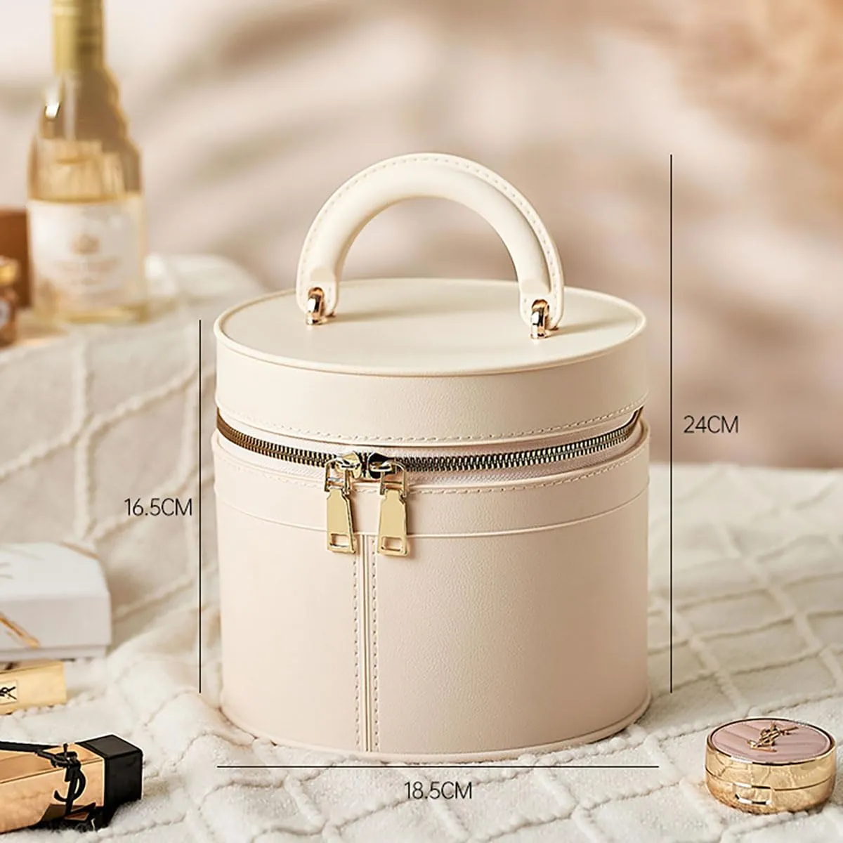 Waterproof TPE Travel Makeup Bag – Large Capacity Cosmetic Organizer with Handle, White Round Toiletry Bag for Women’s Skincare & Beauty Essentials