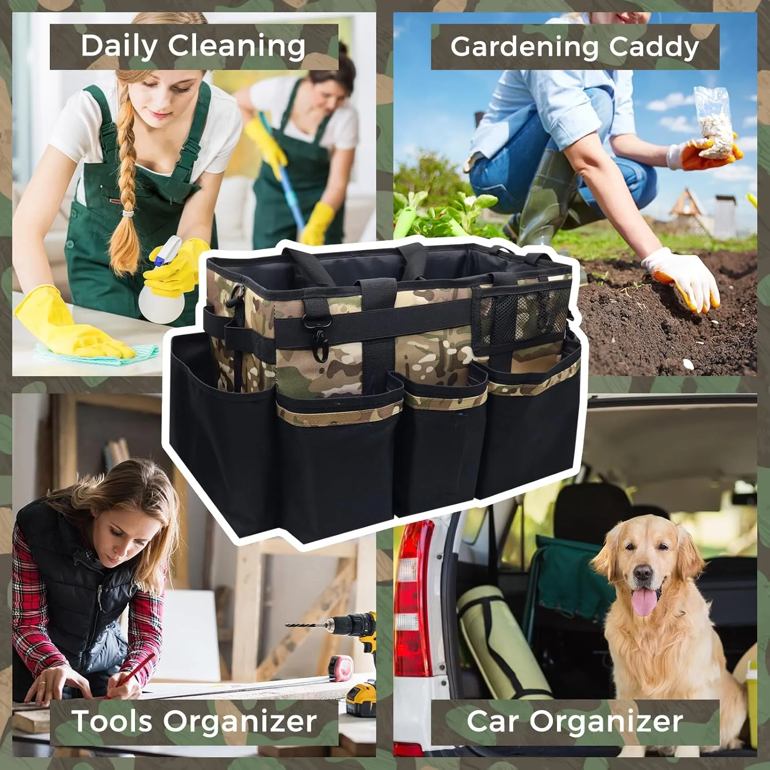Wearable Cleaning Caddy Organizer with Handle & Shoulder Straps for Housekeepers, Under Sink & Car Cleaning Tool Organizer Bag with 4 Foldable Dividers (Camouflage)