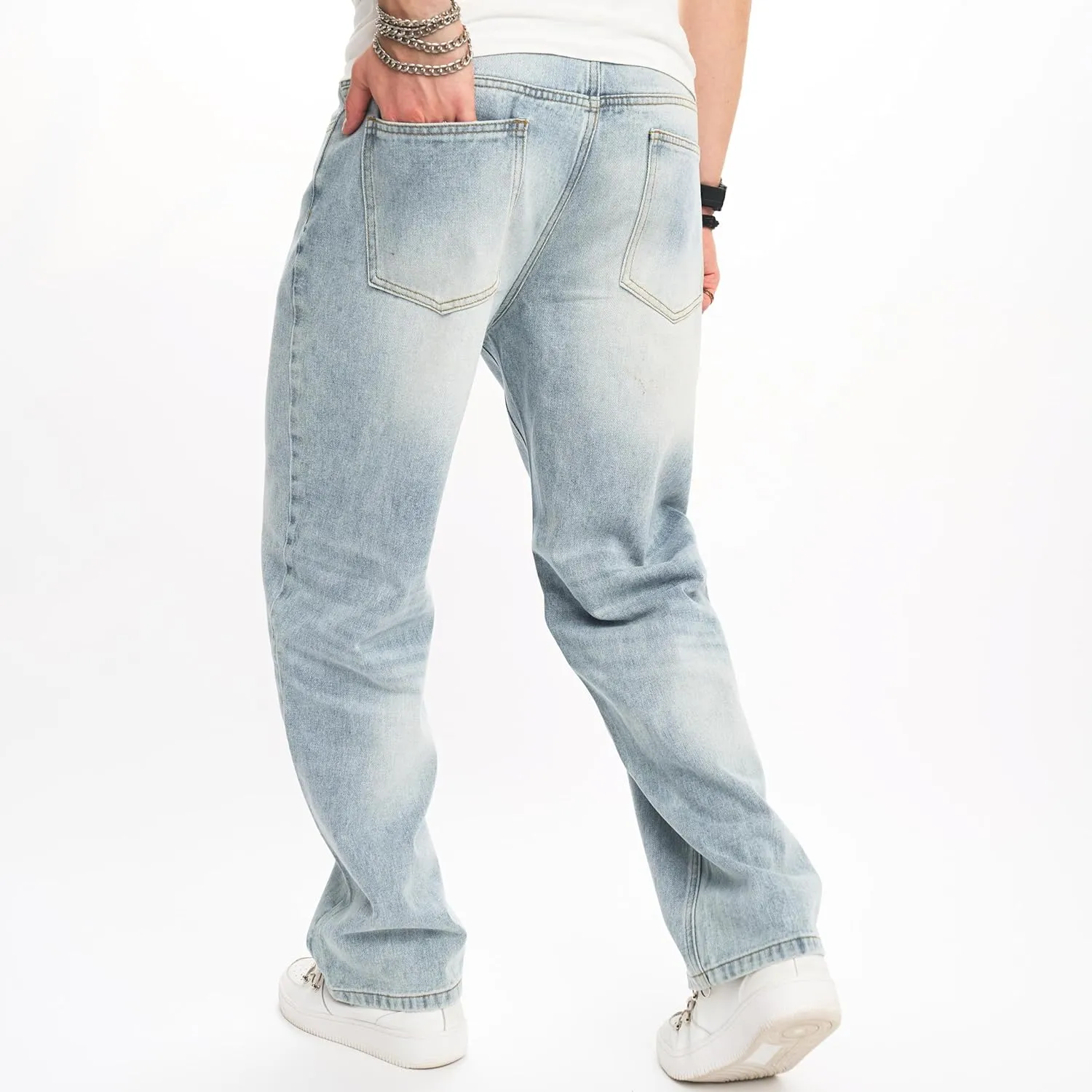 WEIBUMAOYI Men's Wide-Leg Jeans Straight Leg Carpenter Denim Pants Loose fit Trousers