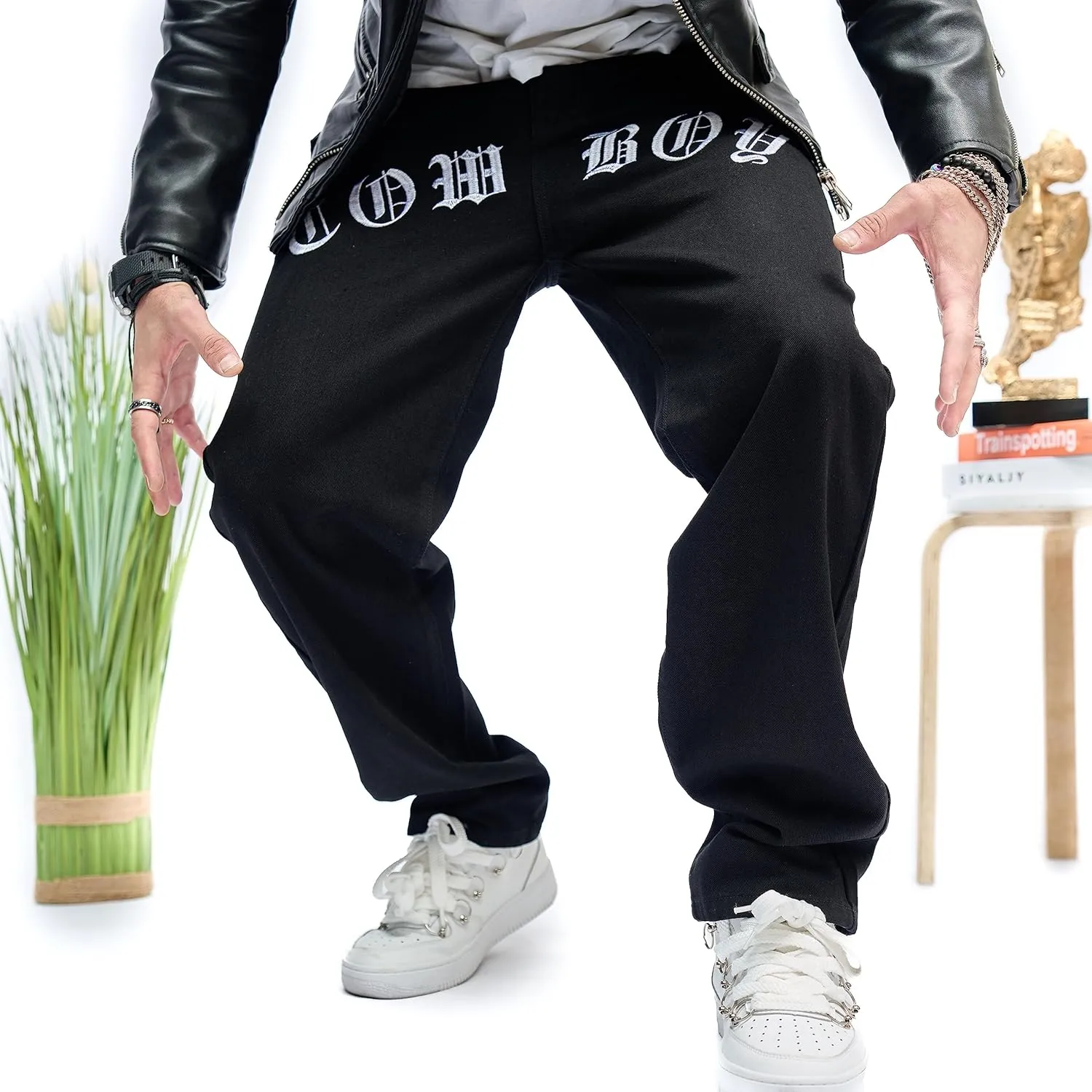 WEIBUMAOYI Men's Wide-Leg Jeans Straight Leg Carpenter Denim Pants Loose fit Trousers
