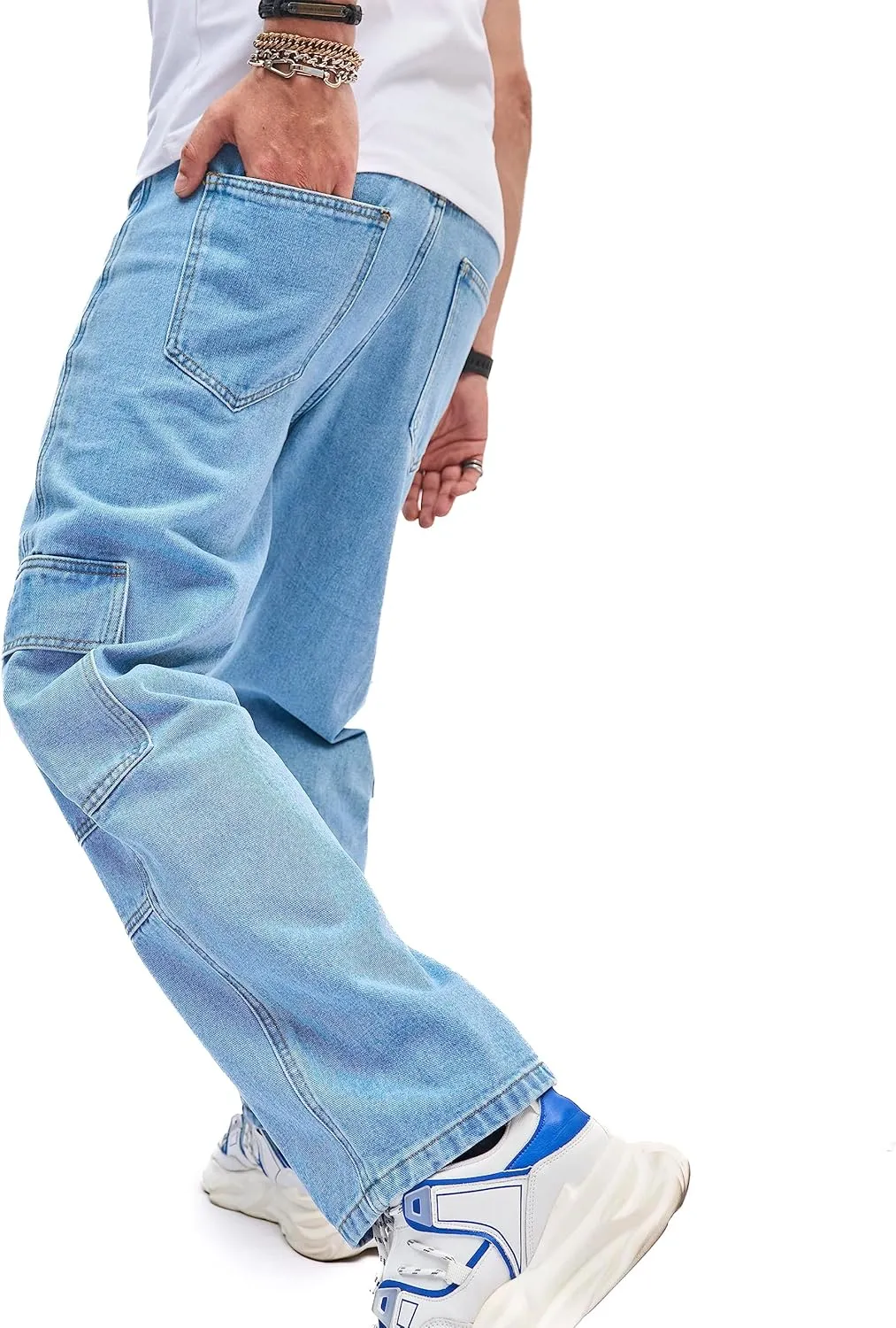 WEIBUMAOYI Men's Wide-Leg Jeans Straight Leg Carpenter Denim Pants Loose fit Trousers