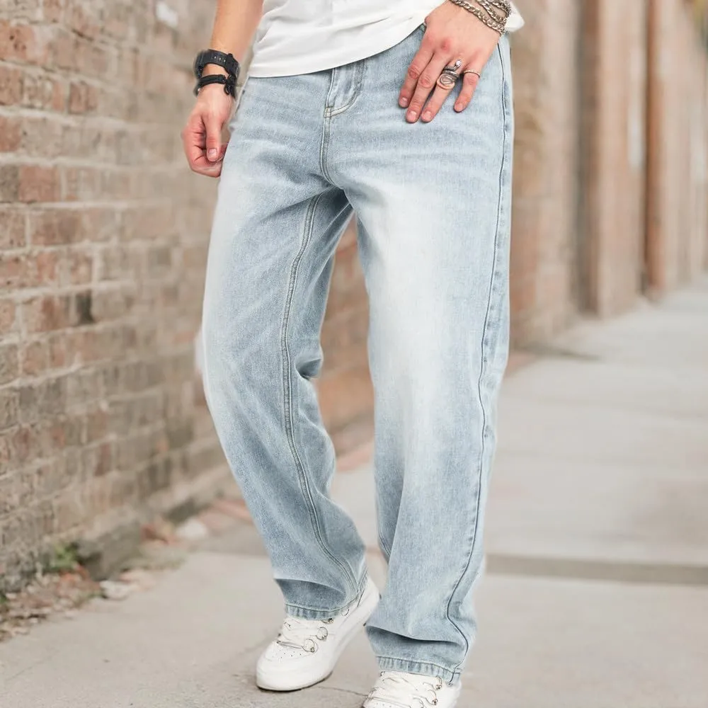 WEIBUMAOYI Men's Wide-Leg Jeans Straight Leg Carpenter Denim Pants Loose fit Trousers