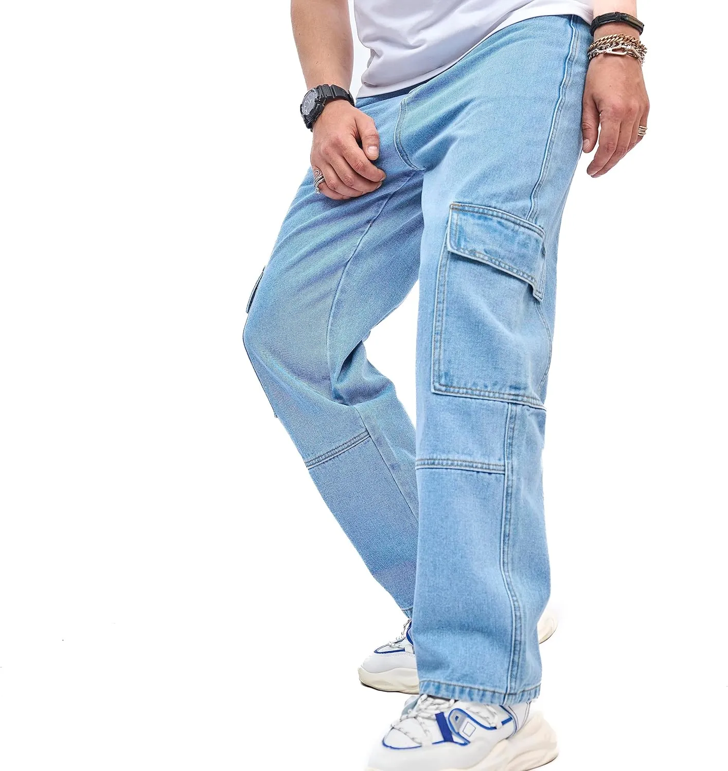 WEIBUMAOYI Men's Wide-Leg Jeans Straight Leg Carpenter Denim Pants Loose fit Trousers