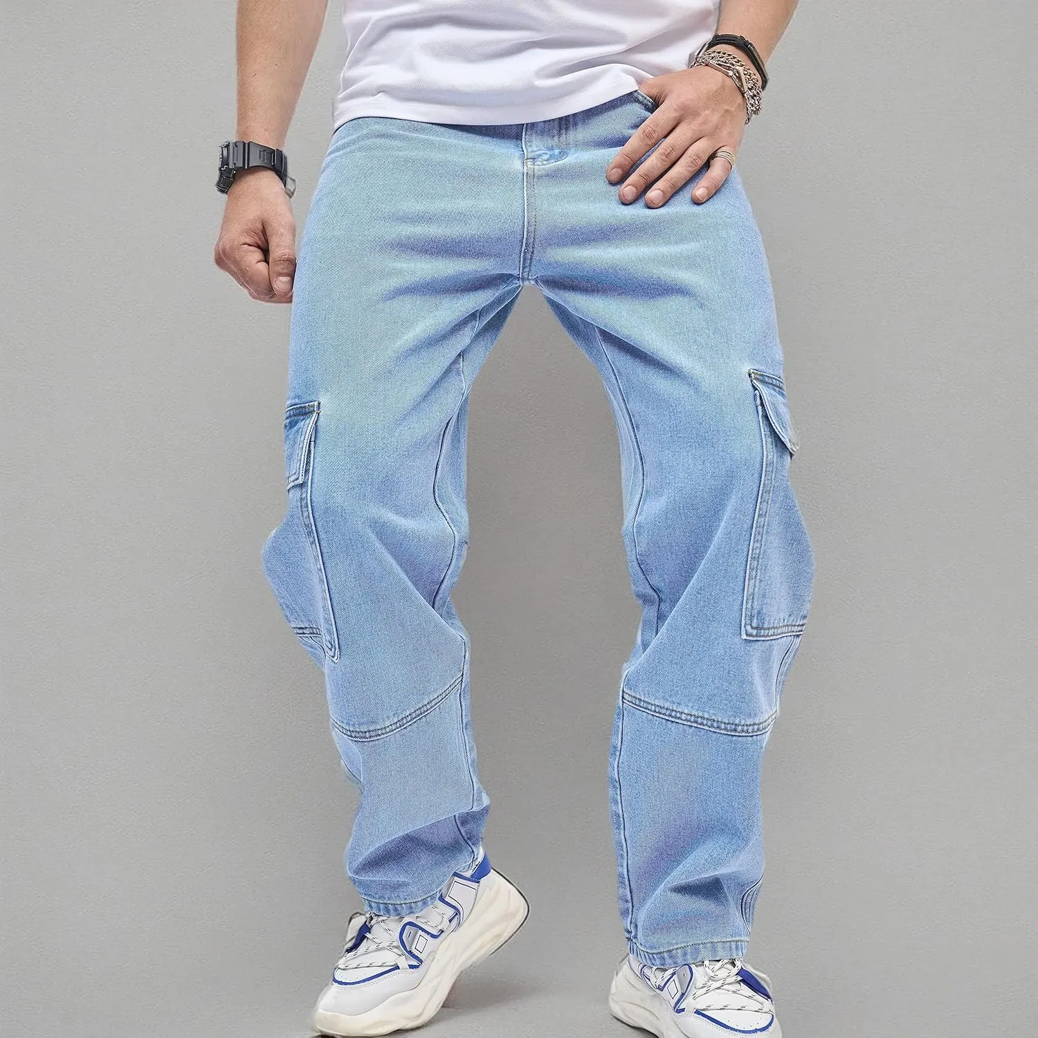 WEIBUMAOYI Men's Wide-Leg Jeans Straight Leg Carpenter Denim Pants Loose fit Trousers